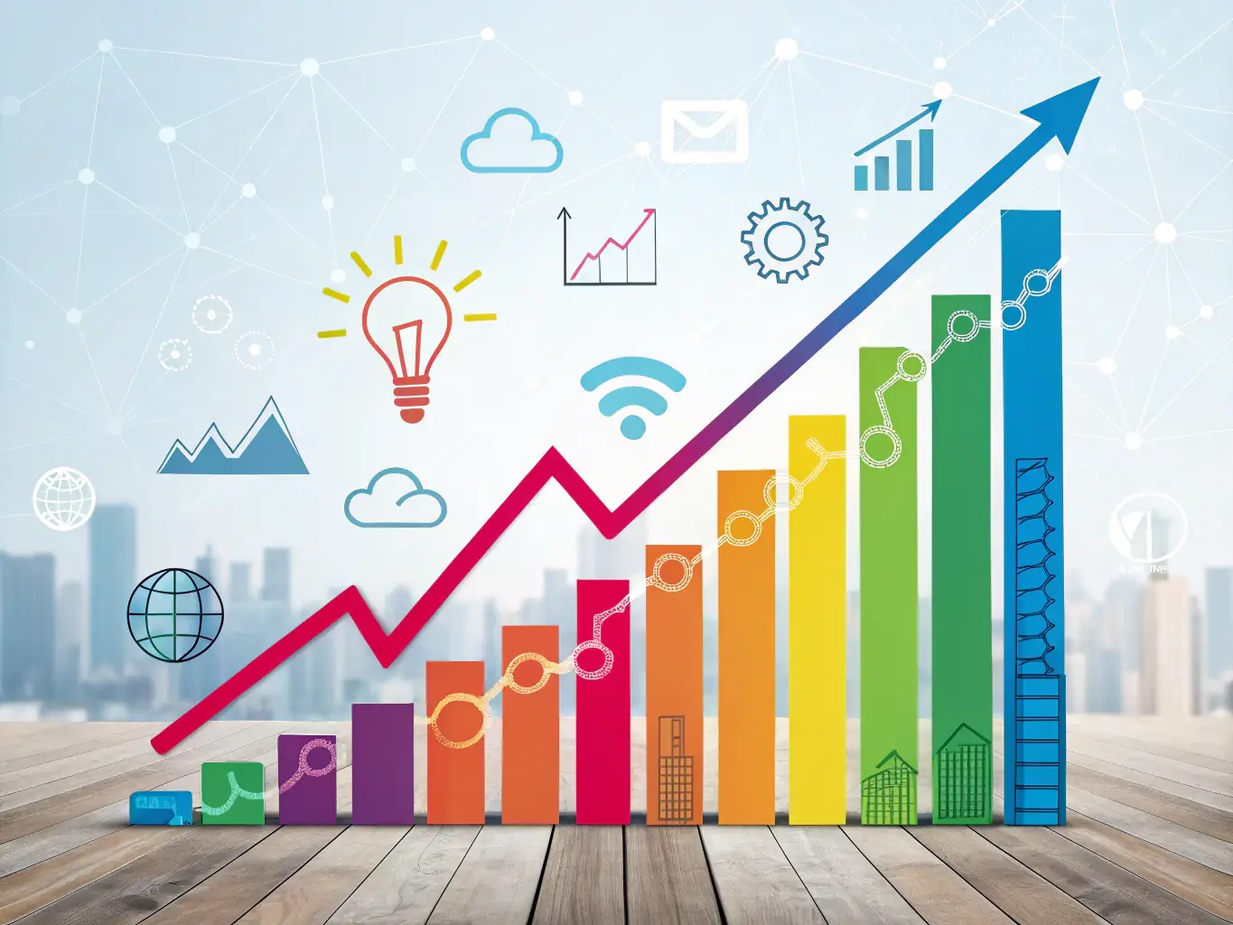 An illustration showing a graph trending upwards, symbolizing revenue growth, with AI icons and creative elements integrated into the design, representing Intelliflow Consulting's solutions.